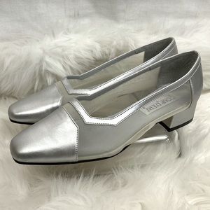 Coup D’Etat Vintage Heels Silver metallic sheer net block heel Women’s 9